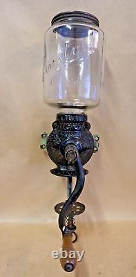 Antique ARCADE CRYSTAL No. 3 Wall Mount Cast Iron Coffee Bean Grinder, Catch Cup