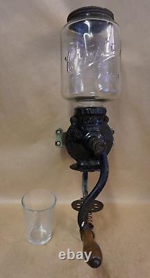 Antique ARCADE CRYSTAL No. 3 Wall Mount Cast Iron Coffee Bean Grinder, Catch Cup