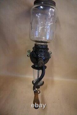 Antique ARCADE CRYSTAL No. 3 Wall Mount Cast Iron Coffee Bean Grinder, Catch Cup