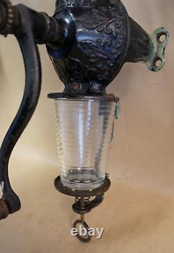 Antique ARCADE CRYSTAL No. 3 Wall Mount Cast Iron Coffee Bean Grinder, Catch Cup