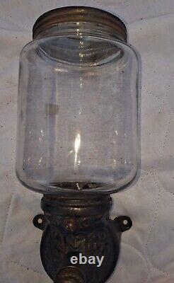 Antique Arcade Cast Iron Coffee Grinder Crystal Glass Jar