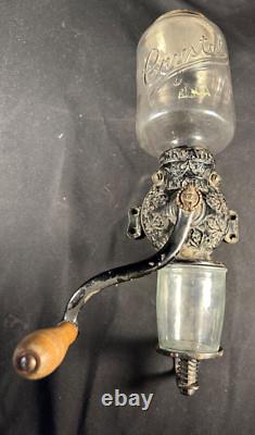 Antique Arcade Crystal # 3 Wall Mount Coffee Grinder with Glass Catch Cup