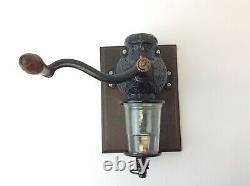 Antique Arcade Crystal Cast Iron Black Wall Mount Coffee Grinder with Glass Cup