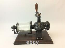 Antique Arcade Crystal Cast Iron Black Wall Mount Coffee Grinder with Glass Cup