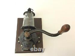 Antique Arcade Crystal Cast Iron Black Wall Mount Coffee Grinder with Glass Cup