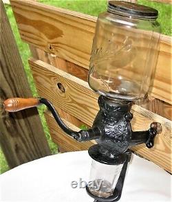 Antique Arcade Crystal Cast Iron Wall Mount Coffee Grinder with Original Glass