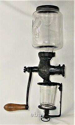Antique Arcade Crystal Cast Iron Wall Mount Coffee Grinder with Original Glass