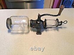 Antique Arcade Crystal No. 3 Wall Coffee Grinder Mill, Original Bean Jar & Lid