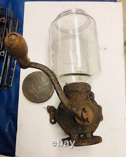 Antique Arcade Crystal Wall Mount Coffee Grinder Vintage Cast Iron With Lid