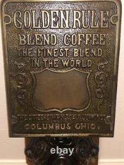 Antique Arcade Golden Rule Wall Mount Wood & Cast Iron Coffee Grinder MILL