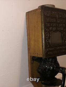 Antique Arcade Golden Rule Wall Mount Wood & Cast Iron Coffee Grinder MILL