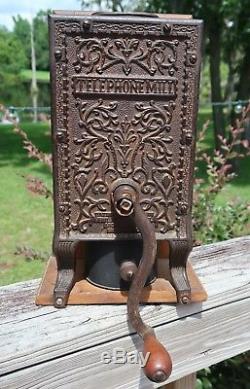 Antique Arcade Telephone Mill Coffee Grinder-Counter Top-Original Catch Cup