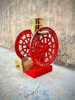 Antique Aroma Cost, iron Hand crank coffee Grinder Paris, London, Sydney, Color Red