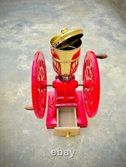 Antique Aroma Cost, iron Hand crank coffee Grinder Paris, London, Sydney, Color Red