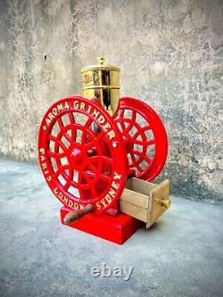 Antique Aroma Cost, iron Hand crank coffee Grinder Paris, London, Sydney, Color Red