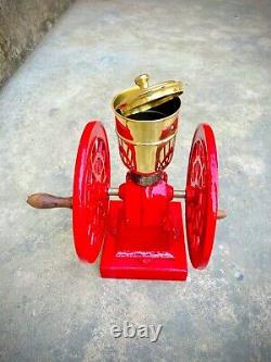 Antique Aroma Cost, iron Hand crank coffee Grinder Paris, London, Sydney, Color Red