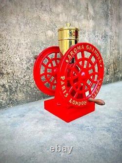 Antique Aroma Cost, iron Hand crank coffee Grinder Paris, London, Sydney, Color Red