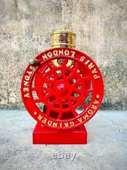 Antique Aroma Cost, iron Hand crank coffee Grinder Paris, London, Sydney, Color Red