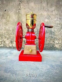 Antique Aroma Cost, iron Hand crank coffee Grinder Paris, London, Sydney, Color Red