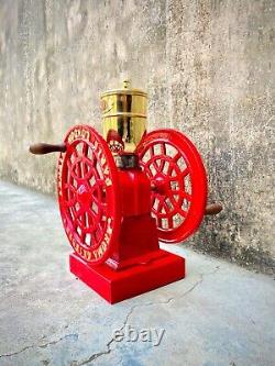 Antique Aroma Cost, iron Hand crank coffee Grinder Paris, London, Sydney, Color Red