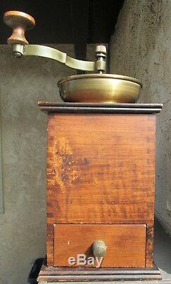 Antique BRASS & FINGER-JOINTED WOOD 12 TALL HAND CRANK COFFEE BEAN GRINDER