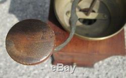Antique BRASS & FINGER-JOINTED WOOD 12 TALL HAND CRANK COFFEE BEAN GRINDER