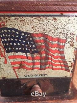 Antique Bronson-Walton Old Glory Tin Litho Coffee Grinder Teddy Roosevelt