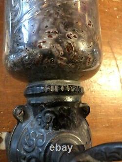 Antique COFFEE GRINDER BRIGHTON WALL MOUNT ORNATE METAL WOOD HANDLE PREMIER JAR