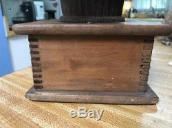 Antique COFFEE GRINDER with Jointed Wood Box, Drawer, Iron Handle With Wood Knob
