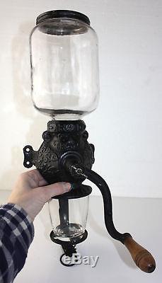 Antique Cast Iron ARCADE CRYSTAL Canister Glass Wall Mount Coffee Grinder Mill