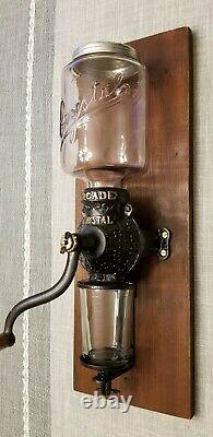 Antique Cast Iron ARCADE CRYSTAL Wall Mounted Coffee Grinder w Original Cup