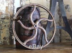 Antique Cast Iron Coffee Bean Mill Industrial Machine Wheel Grinder Wood Handle