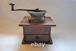 Antique Cast Iron Coffee Grinder, Dovetailed Wooden Base, Coffee MILL