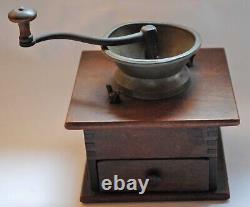 Antique Cast Iron Coffee Grinder, Dovetailed Wooden Base, Coffee MILL