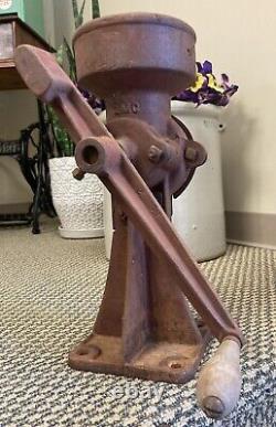 Antique Cast Iron Coffee Grinder Vintage Corn Grain Mill Red Wood Hand Crank