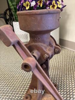 Antique Cast Iron Coffee Grinder Vintage Corn Grain Mill Red Wood Hand Crank