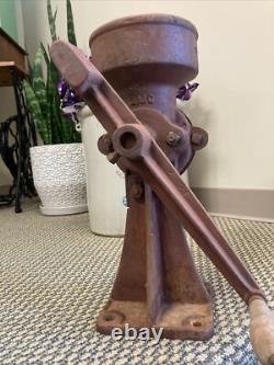 Antique Cast Iron Coffee Grinder Vintage Corn Grain Mill Red Wood Hand Crank