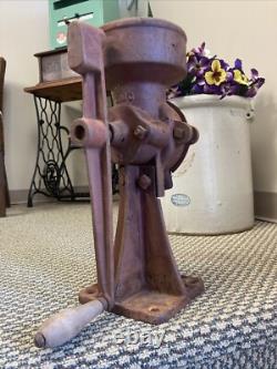 Antique Cast Iron Coffee Grinder Vintage Corn Grain Mill Red Wood Hand Crank