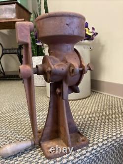 Antique Cast Iron Coffee Grinder Vintage Corn Grain Mill Red Wood Hand Crank