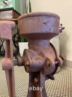 Antique Cast Iron Coffee Grinder Vintage Corn Grain Mill Red Wood Hand Crank