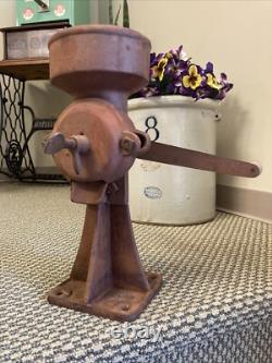 Antique Cast Iron Coffee Grinder Vintage Corn Grain Mill Red Wood Hand Crank