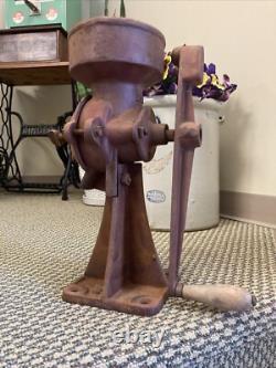Antique Cast Iron Coffee Grinder Vintage Corn Grain Mill Red Wood Hand Crank