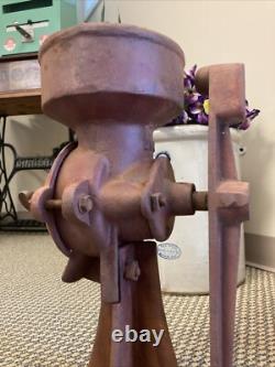 Antique Cast Iron Coffee Grinder Vintage Corn Grain Mill Red Wood Hand Crank