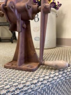 Antique Cast Iron Coffee Grinder Vintage Corn Grain Mill Red Wood Hand Crank