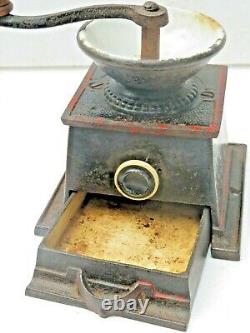 Antique Cast Iron Coffee Grinder table mount hand crank Enamel Bowl & tray