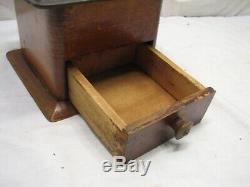 Antique Cast Iron Coffee Mill Grinder Kitchen Wooden Box Primitive