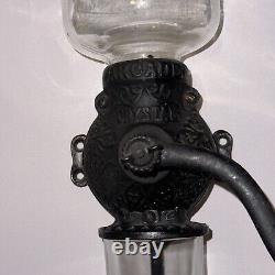 Antique Cast Iron Ornate Arcade Wall Mount Coffee Grinder, Glass Hopper