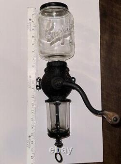 Antique Cast Iron Ornate Arcade Wall Mount Coffee Grinder, Glass Hopper