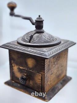 Antique Coffee Bean Grinder Cast Iron Hardware Dovetailed Wood Primitive Vintage