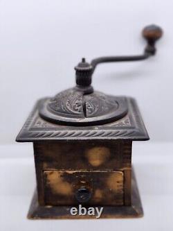 Antique Coffee Bean Grinder Cast Iron Hardware Dovetailed Wood Primitive Vintage